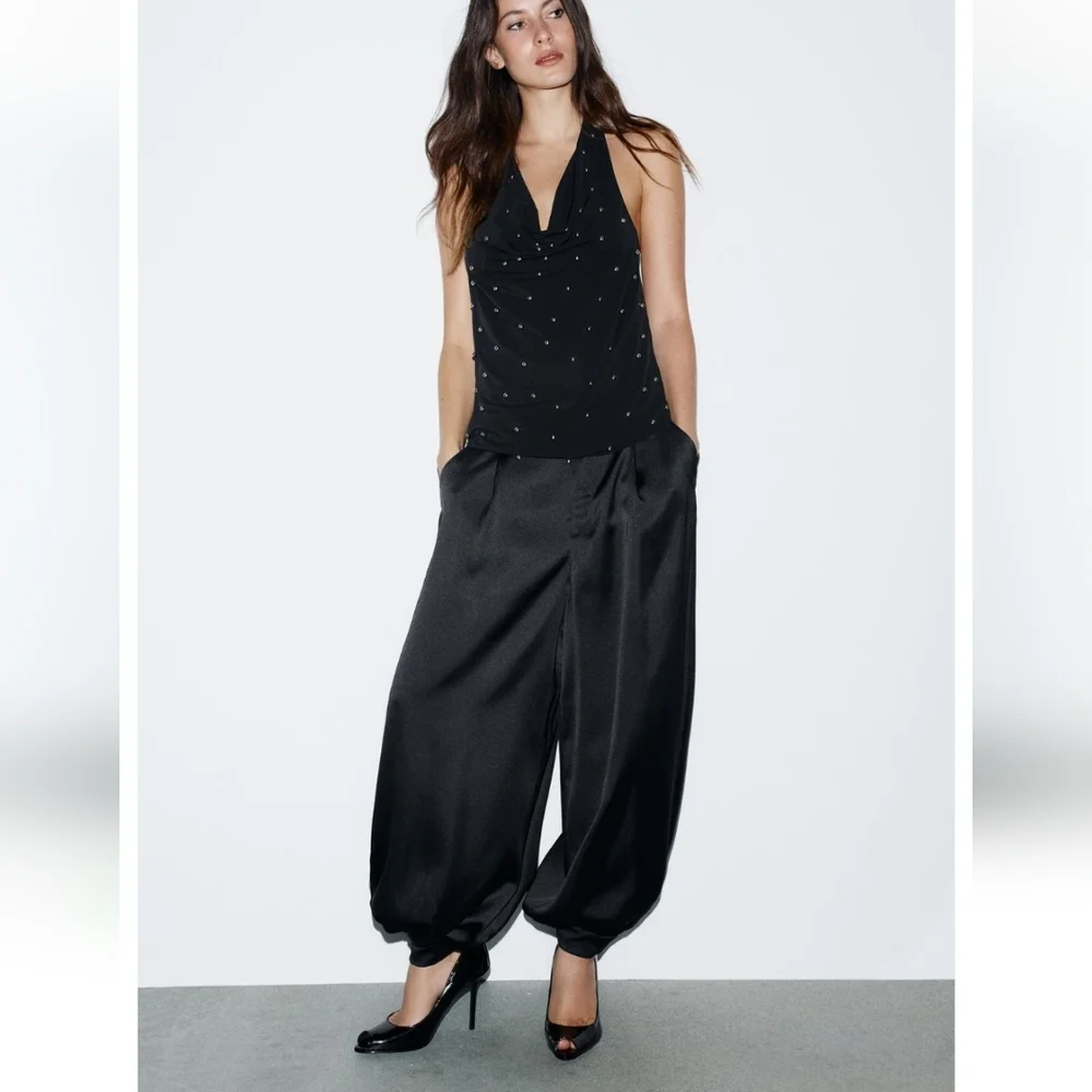 Zara BALLOON SATIN PANTS BLACK